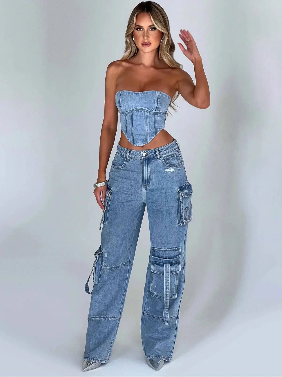 TOOS - Dames Hoge Taille Denim Wijde Been Cargo Jeans